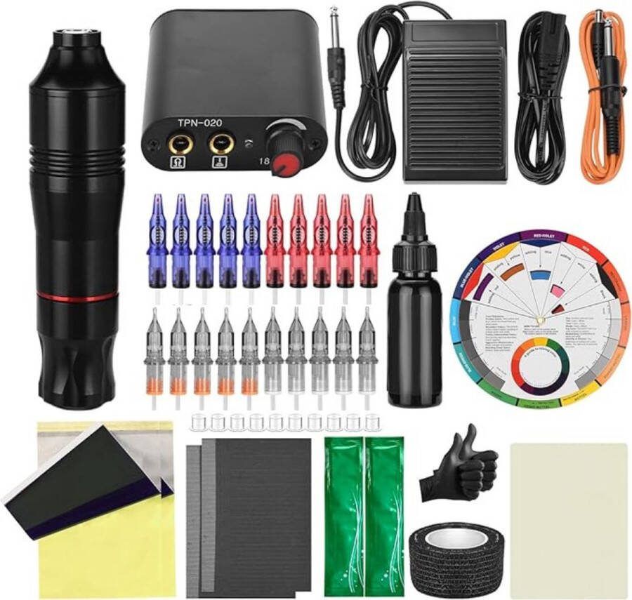 GUTEC Tattoo Machine Beginner Set Tattoo Pen Gun Met Blauwe En Rode Naalden Complete Tattoo Kit Voor Beginners Met Aftercare & Oefenhuid