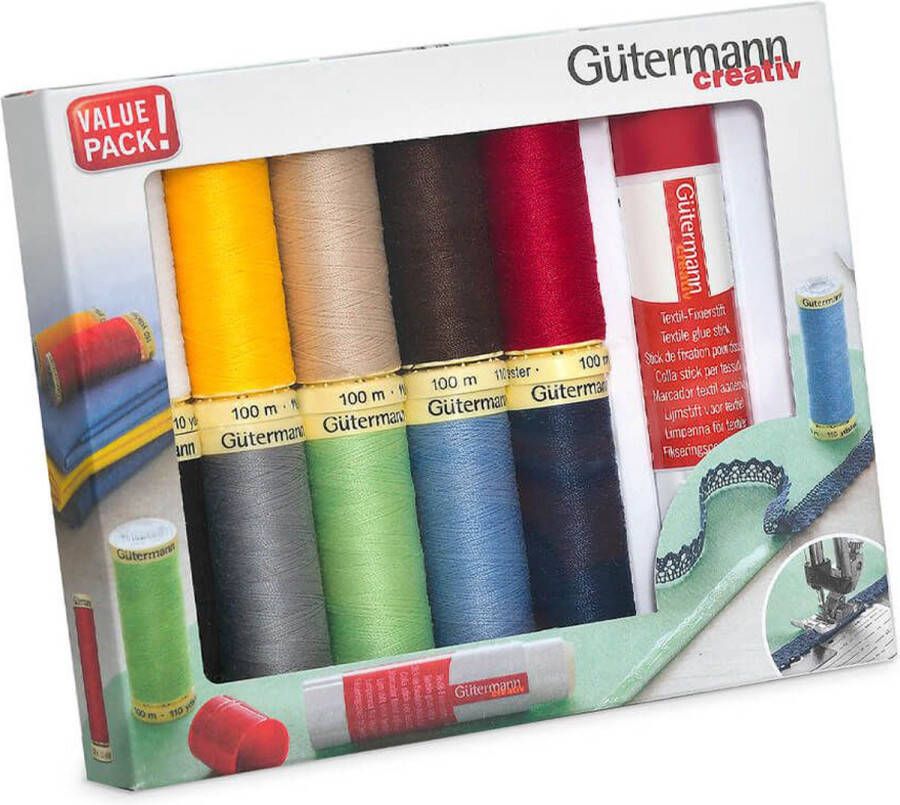 Gütermann Set 10 basis kleuren naaigaren 100m met lijmstick stikzijde geschenk idee
