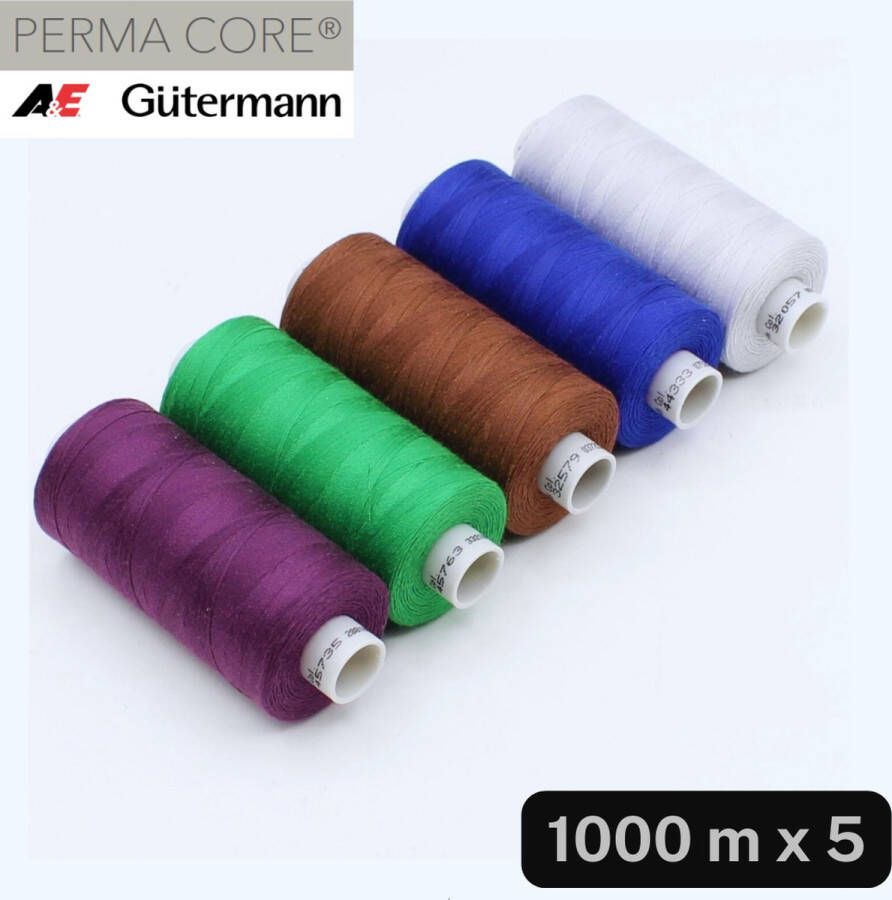 Gutermann LOT van 5 Bobijntjes POLYESTER GAREN van Hoge Kwaliteit PERMACORE (Professionele Kwaliteit) 5 x 1000 Meter MIX7