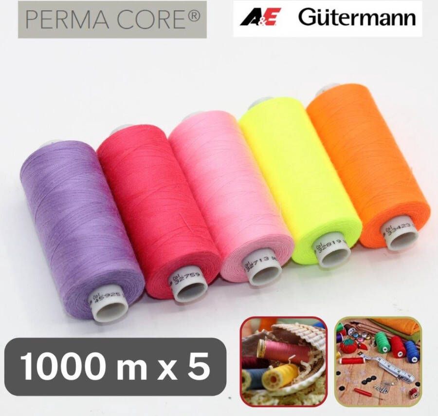 Gutermann LOT van 5 Bobijntjes POLYESTER GAREN van Hoge Kwaliteit PERMACORE (Professionele Kwaliteit) 5 x 1000 Meter MIX6