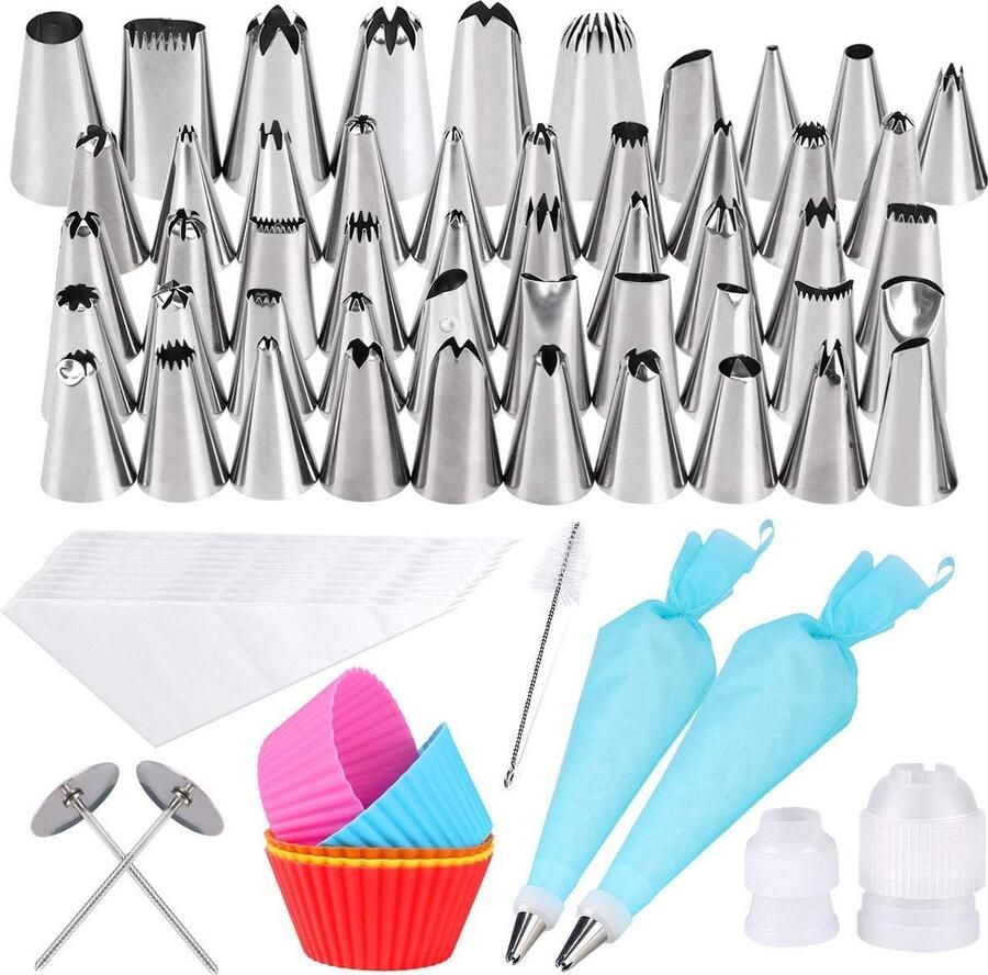 Gyvazla Set van 72 spuitmonden incl. 50 spuitmonden 10 wegwerpspuitzakken 5 cupcake-vormpjes 2 spijkers 2 mondadapters kwasten voor taarten cupcake-decoratie