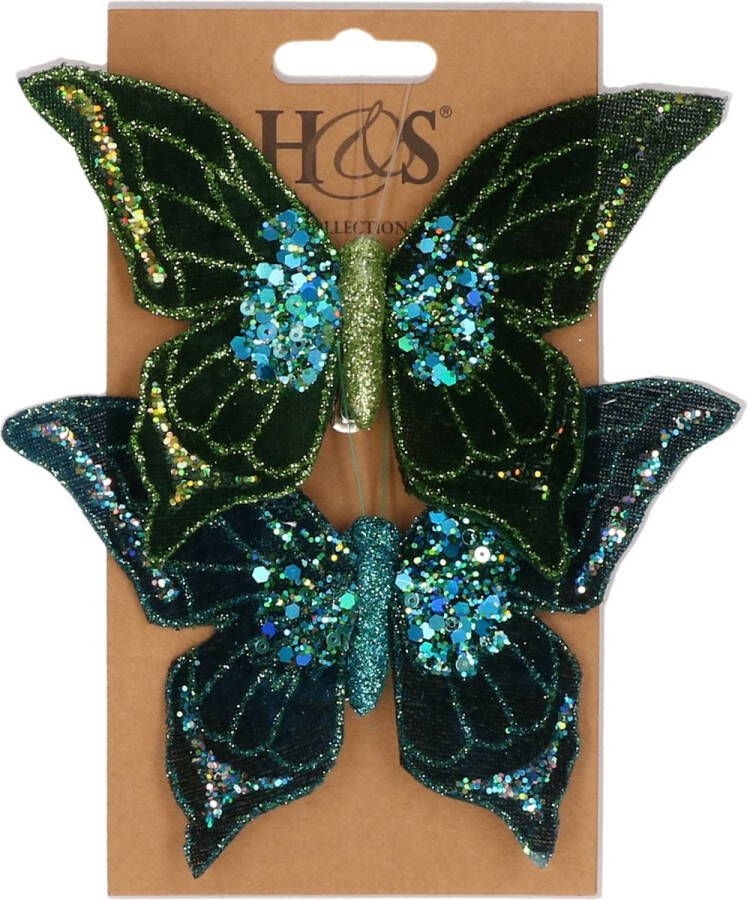 H&S Collection 2x stuks kunststof decoratie vlinders op clip groen blauw 10 x 15 cm vlindertjes versiering Kerstboomversiering