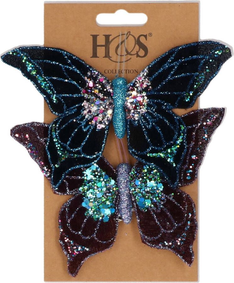 H&S Collection 2x stuks kunststof decoratie vlinders op clip paars en blauw 10 x 15 cm vlindertjes versiering Kerstboomversiering