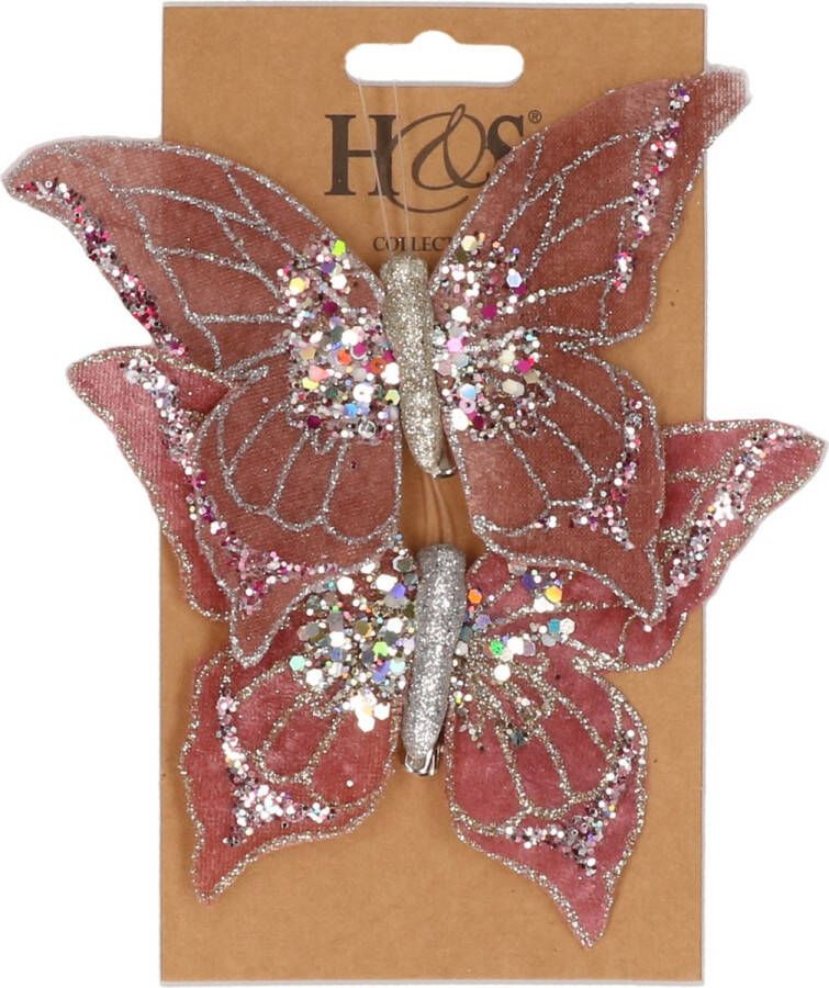 H&S Collection 2x stuks kunststof decoratie vlinders op clip roze 10 x 15 cm vlindertjes versiering Kerstboomversiering
