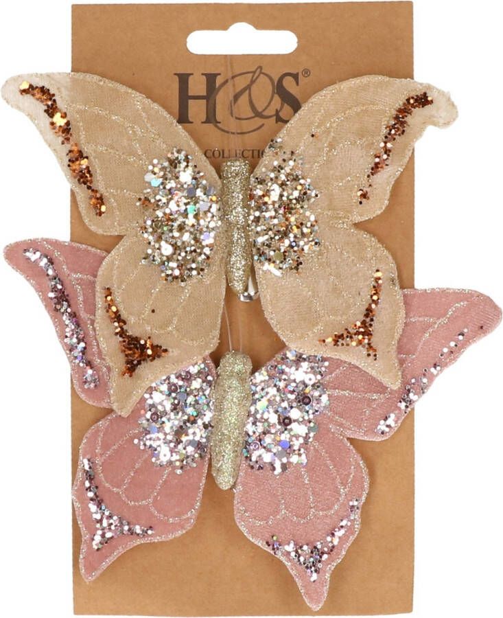 H&S Collection 2x stuks kunststof decoratie vlinders op clip roze en beige 10 x 15 cm vlindertjes versiering Kerstboomversiering
