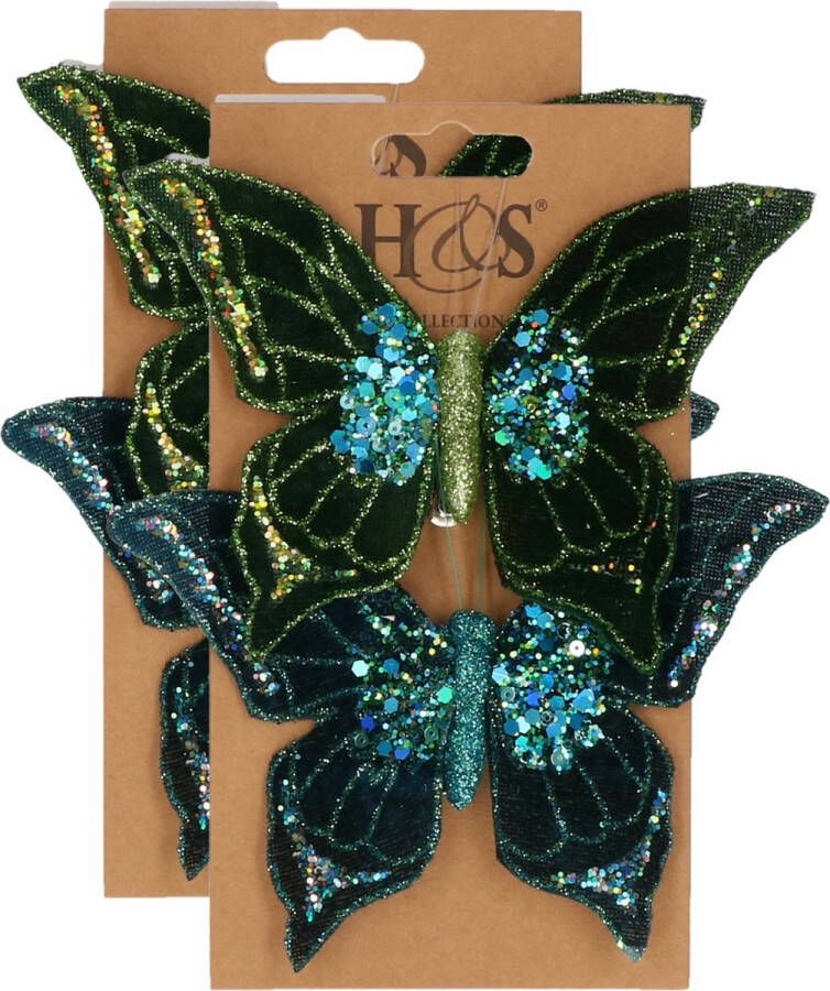 H&S Collection 4x stuks kunststof decoratie vlinders op clip groen blauw 10 x 15 cm vlindertjes versiering Kerstboomversiering
