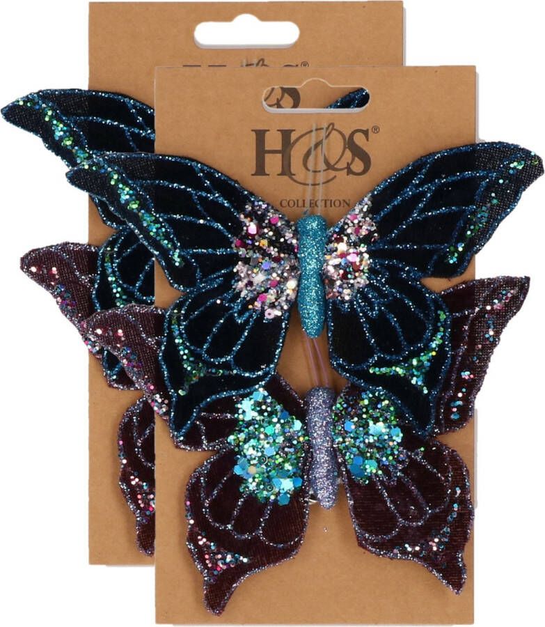 H&S Collection 4x stuks kunststof decoratie vlinders op clip paars en blauw 10 x 15 cm vlindertjes versiering Kerstboomversiering