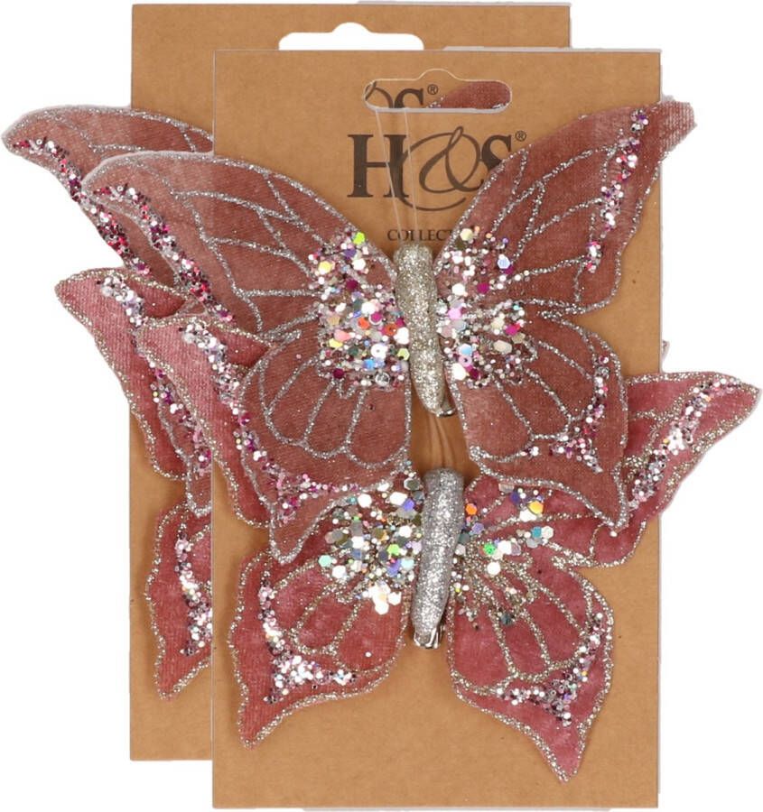 H&S Collection 4x stuks kunststof decoratie vlinders op clip roze 10 x 15 cm vlindertjes versiering Kerstboomversiering