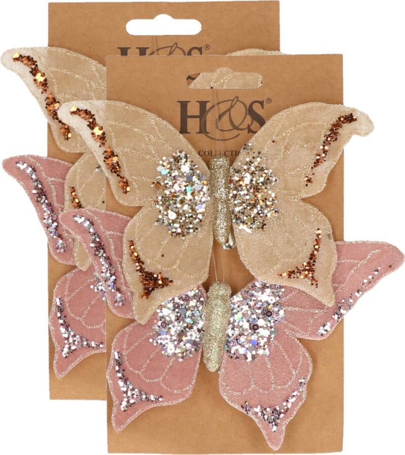H&S Collection 4x stuks kunststof decoratie vlinders op clip roze en beige 10 x 15 cm vlindertjes versiering Kerstboomversiering