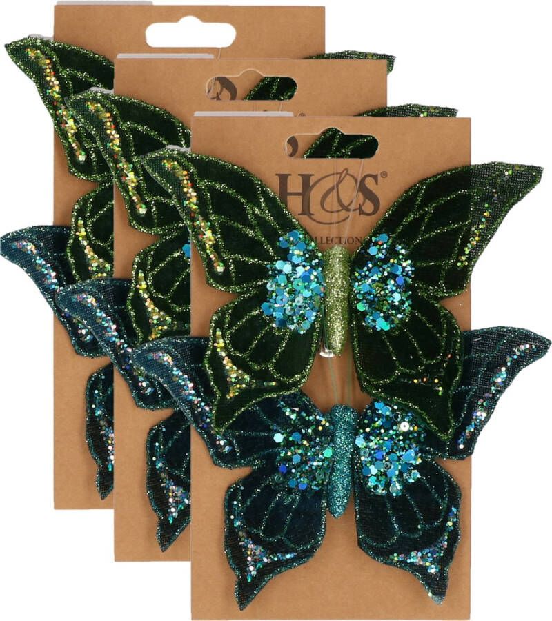 H&S Collection 6x stuks kunststof decoratie vlinders op clip groen blauw 10 x 15 cm vlindertjes versiering Kerstboomversiering