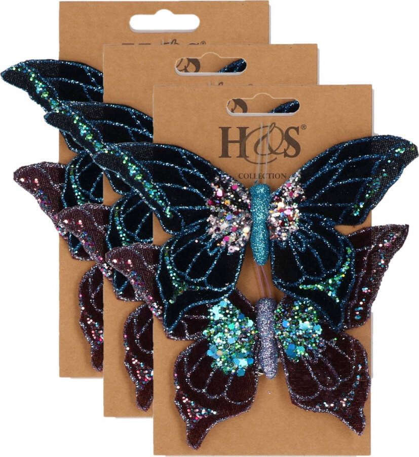H&S Collection 6x stuks kunststof decoratie vlinders op clip paars en blauw 10 x 15 cm vlindertjes versiering Kerstboomversiering