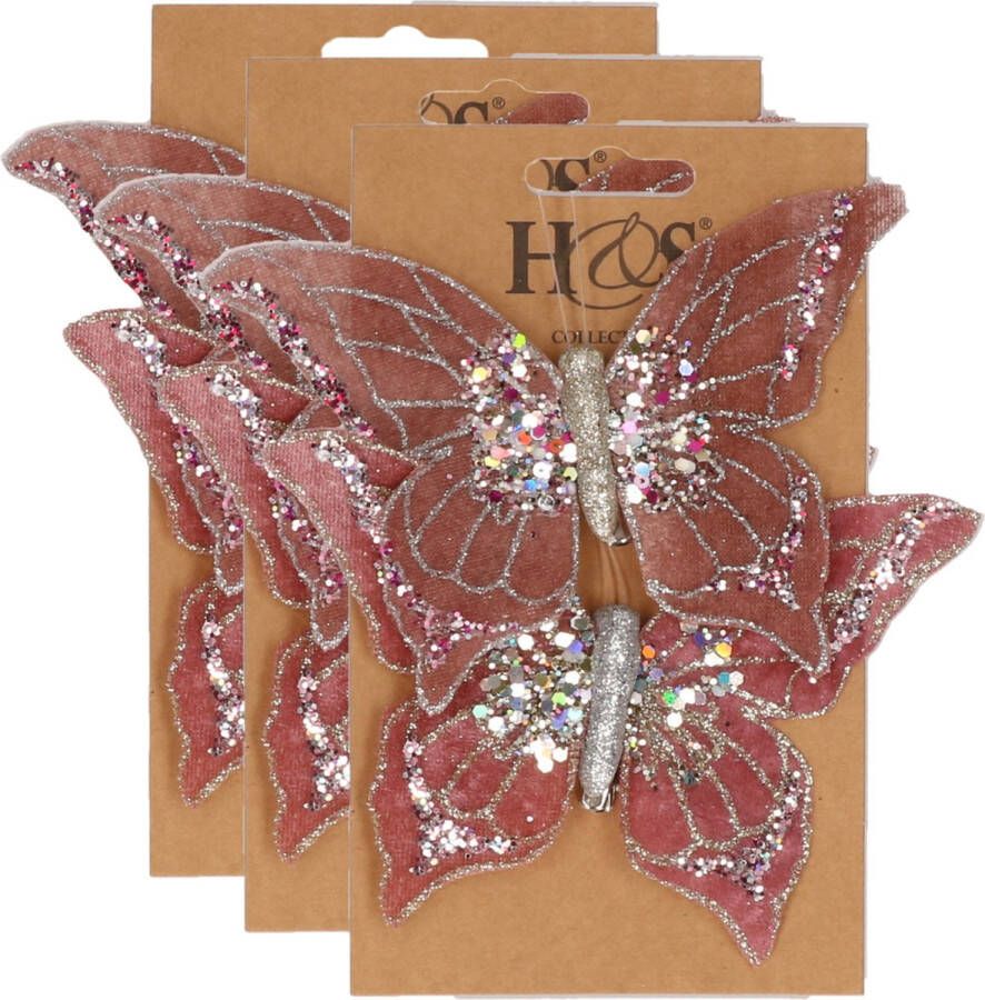 H&S Collection 6x stuks kunststof decoratie vlinders op clip roze 10 x 15 cm vlindertjes versiering Kerstboomversiering