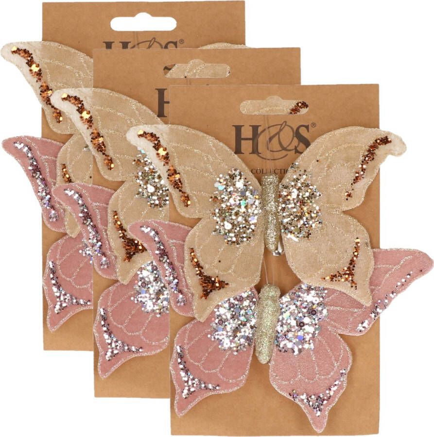 H&S Collection 6x stuks kunststof decoratie vlinders op clip roze en beige 10 x 15 cm vlindertjes versiering Kerstboomversiering