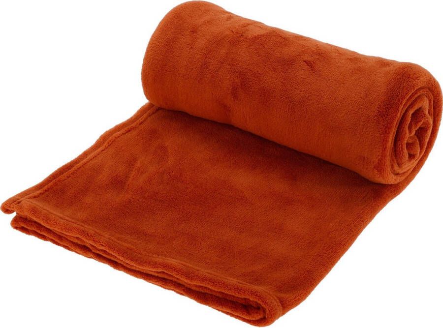 H&S Collection Polyester fleece deken dekentje plaid 125 x 150 cm roest oranje Plaids