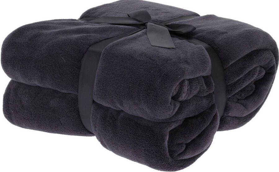 H&S Collection H&S Fleece deken dekentje plaid polyester zwart 180 x 230 cm