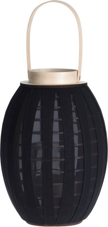 H&S Collection Houten kaarsenhouder lantaarn met stof zwart 34 cm Waxinelichtjeshouder Windlicht