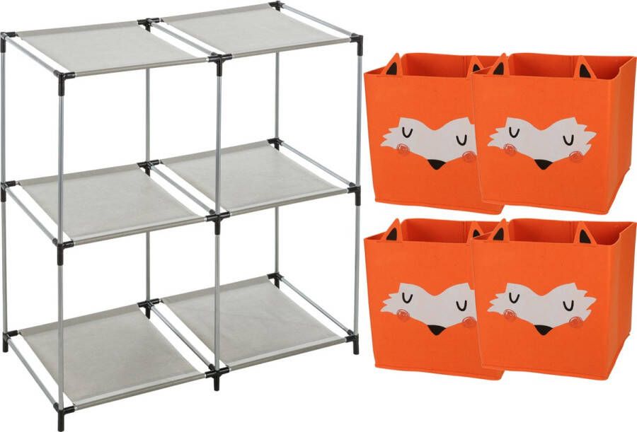 H&S Collection Kastmandjes opberg mandjes vossen print oranje 4x stuks van 29L In rekje van 68 x 68 cm Opbergmanden