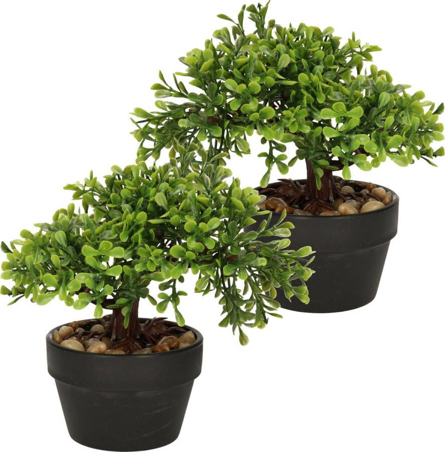 H&S Collection Kunstplant Bonsai boompje in pot 2x Japans decoratie 19 cm Type Olive Kunstplanten