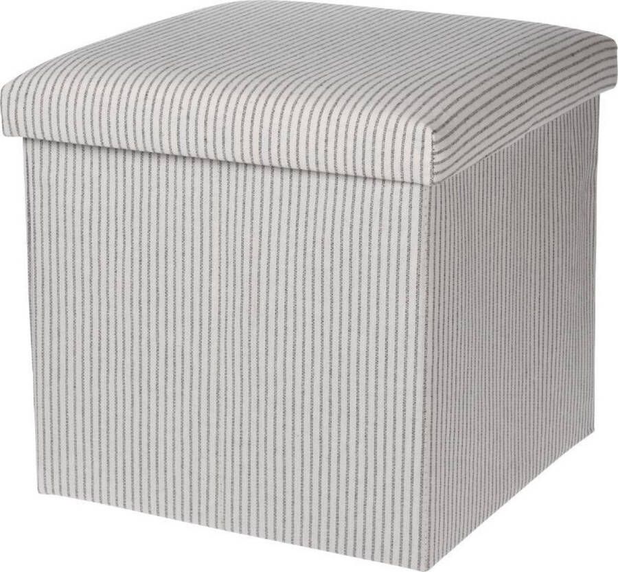 H&S Collection Opbergdoos Poef Voetenbank met Opbergruimte – 38 x 38 cm Katoen Wit Gestreept