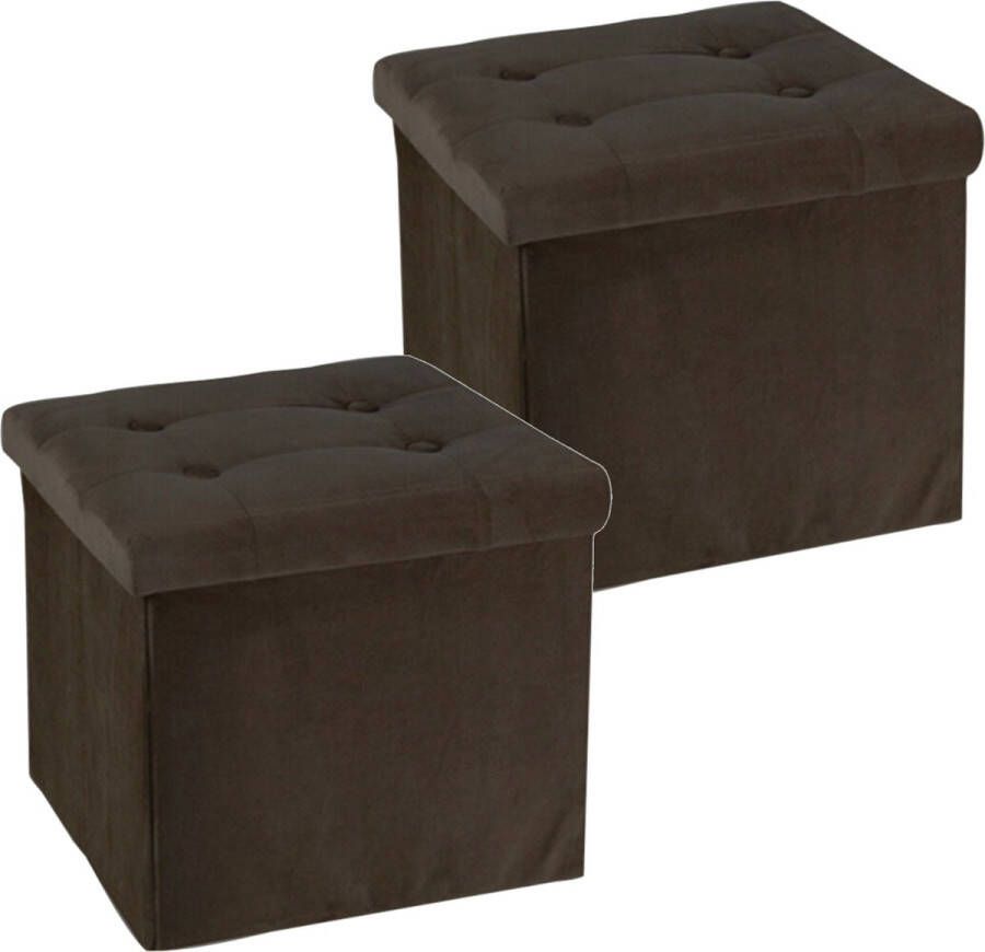 H&S Collection Poef hocker krukje 2x opbergbox donkerbruin fluweel polyester 38 x 38 cm Poefs