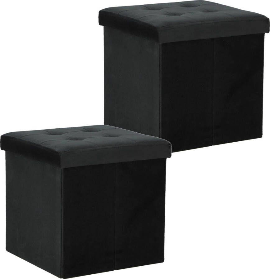 H&S Collection Poef hocker krukje 2x opbergbox zwart fluweel polyester 38 x 38 cm Poefs