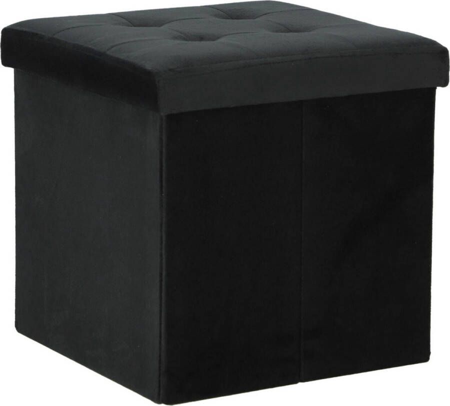 H&S Collection Poef hocker krukje opbergbox zwart fluweel polyester 38 x 38 cm Poefs