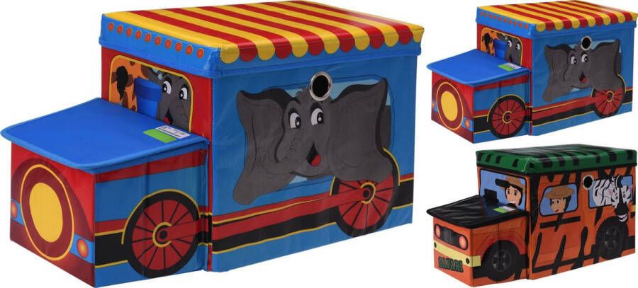 H&S Collection Set van 2 Speelgoedkisten en kinderzitje opbergbox kind opbergruimte stuks safari en circus