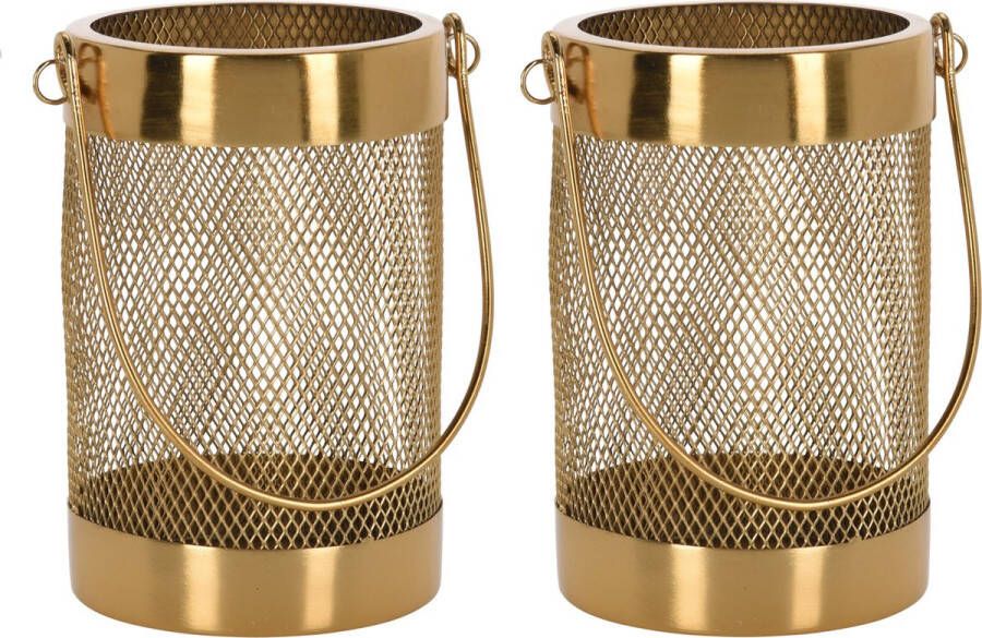H&S Collection Set van 2x stuks metalen theelichthouder lantaarn goud 12 cm Waxinelichtjeshouder Windlicht