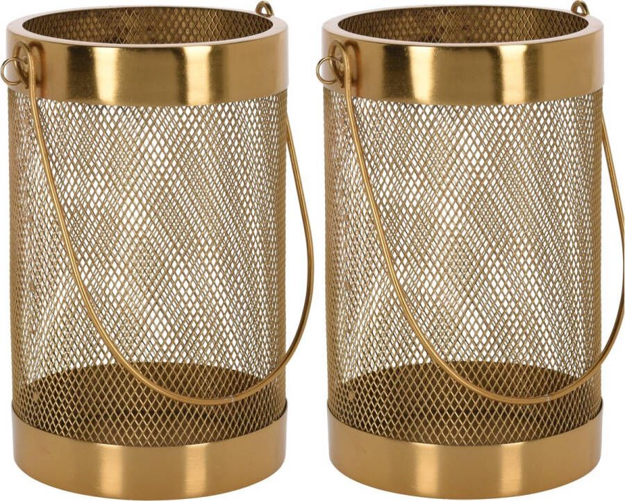 H&S Collection Set van 2x stuks metalen theelichthouder lantaarn goud 21 cm Waxinelichtjeshouder Windlicht