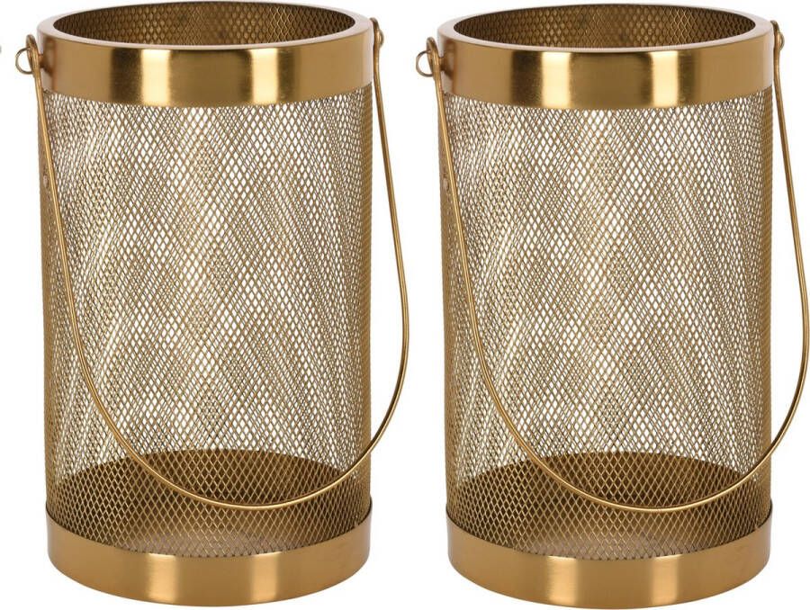 H&S Collection Set van 2x stuks metalen theelichthouder lantaarn goud 26 cm Waxinelichtjeshouder Windlicht