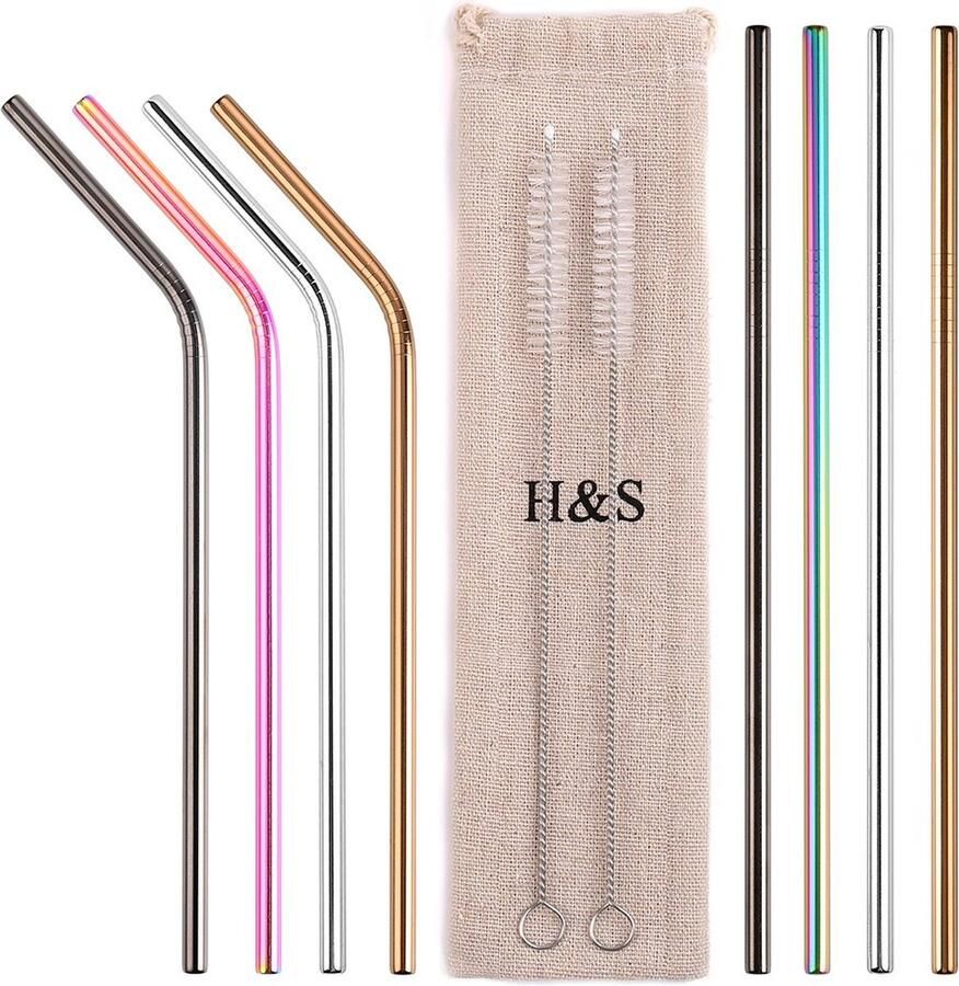H&S 8 metalen rietjes herbruikbare gekleurde roestvrijstalen rietjes 2 reinigingsborstelreiniger voor smoothie warme dranken met zak regenboog