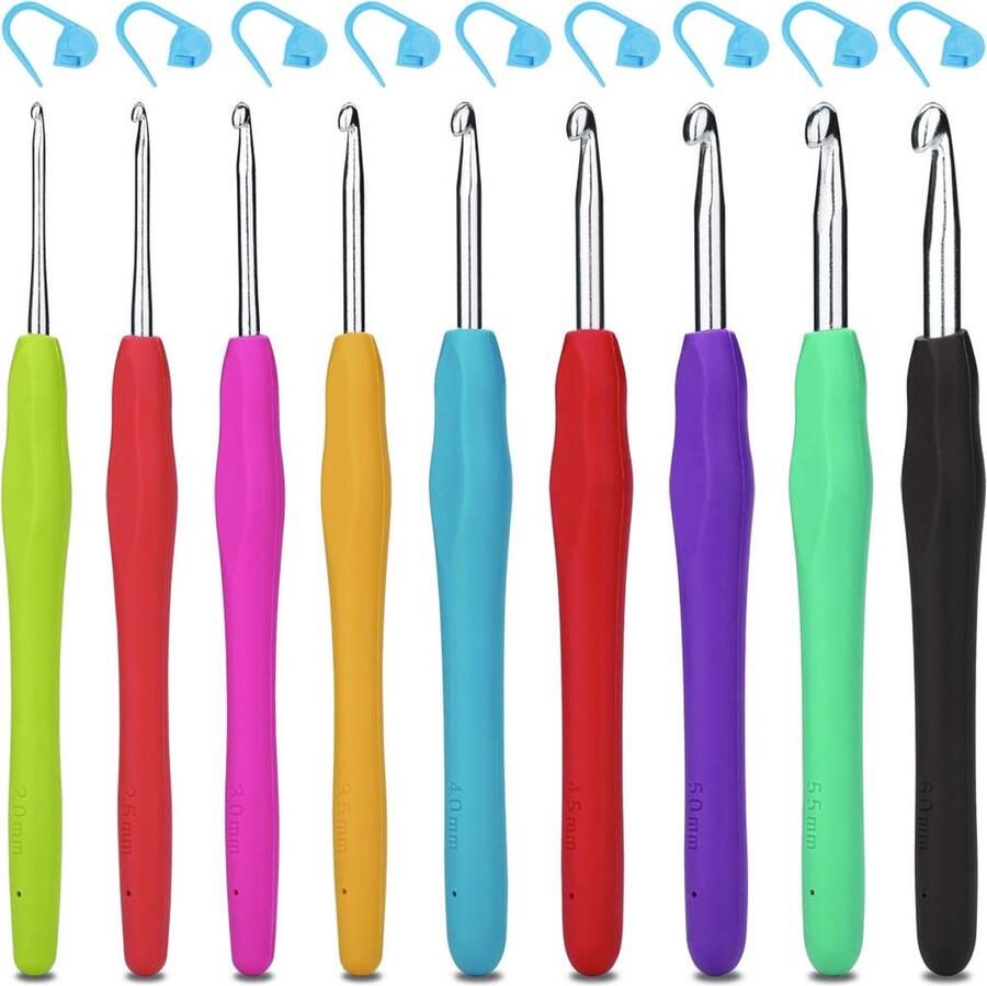 H&S Haaknaalden Set 9 stks Aluminium Soft Grip Rubber Handvat Naalden met 12 Breien Haak Vergrendeling Stitch Markers 2mm 2.5mm 3mm 3.5mm 4mm 4.5mm 5.5mm 6mm
