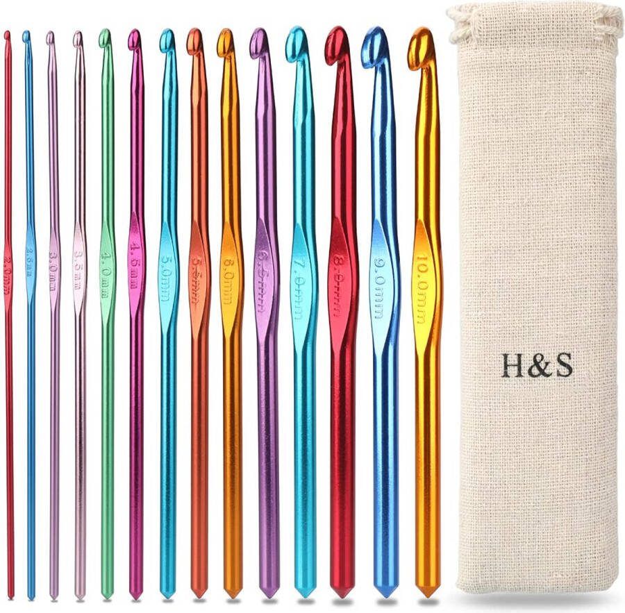 H&S Haaknaalden Set Aluminium 14 stuks Naalden met Pouch Case 2mm 2.5mm 3mm 3.5mm 4mm 4.5mm 5.5mm 6mm 6.5mm 7mm 8mm 9mm 10mm Haaknaalden Set Haaknaalden Set Beginners Haakstokjes
