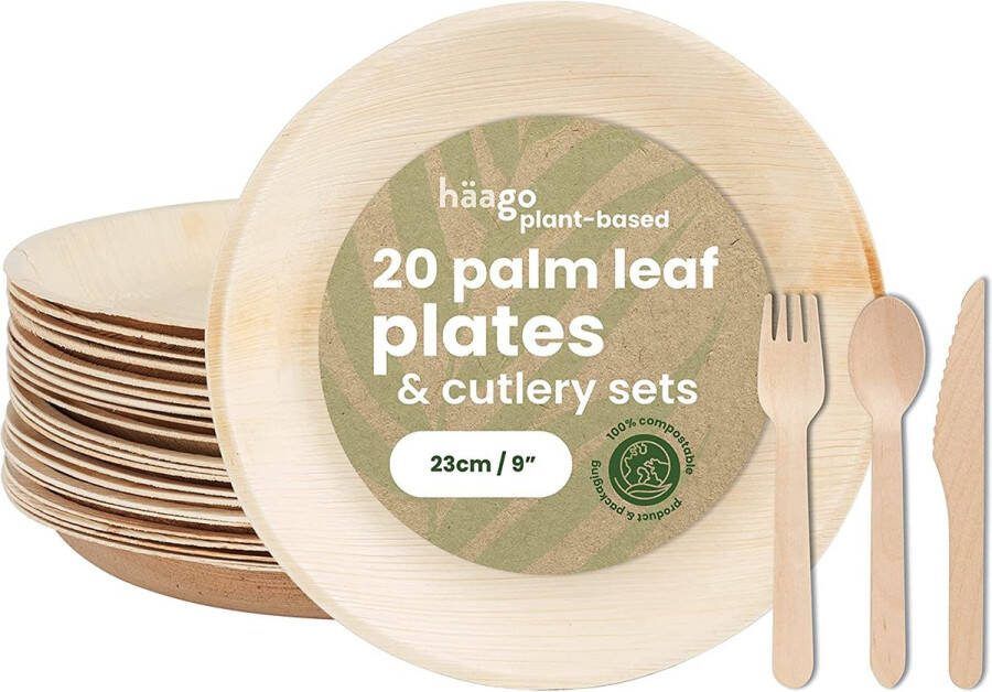 Häago HAAGO 80-delig Palmblad Servies & Houten Bestek Set (20x 22cm Ronde Borden 20x Messen 20x Vorken 20x Lepels) Biologisch Afbreekbaar Bruiloft Servies Picknick BBQ Magnetronbestendig