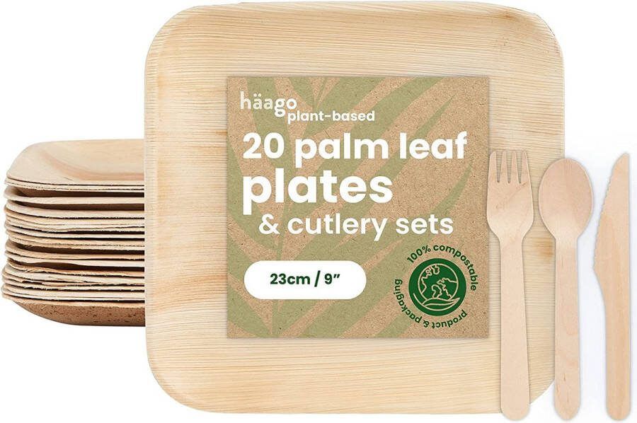 Häago HAAGO 80-delig Palmblad Servies & Houten Bestek Set (20x 22cm Vierkante Borden 20x Messen 20x Vorken 20x Lepels) Biologisch afbreekbaar Servies Bruiloft BBQ Magnetronbestendig