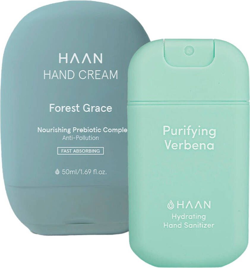 Haan Hand Sanitizer Handspray Purifying Verbena & Handcrème Forest Grace Set van 2 Stuks Duo-pack Navulbaar