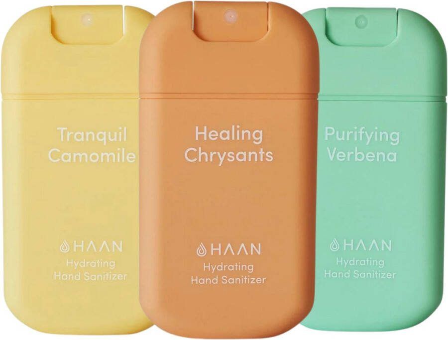 Haan Hydrating Hand Sanitizer Handzeep Desinfecterend 30ml 3-Pack Blossom Elixer Mix: Purifying Verbena Healing Chrysants Tranquile Camomile Navulbaar