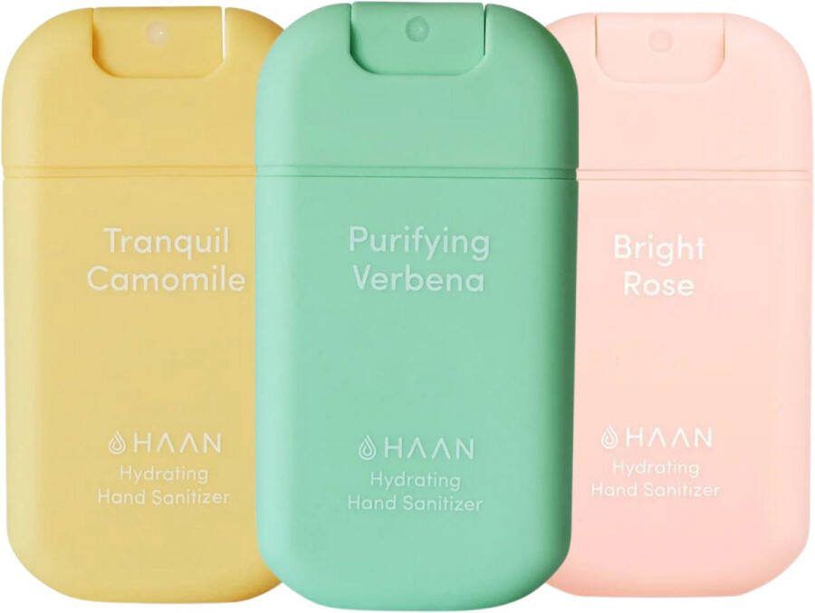 Haan Hydrating Hand Sanitizer Handzeep Desinfecterend 30ml 3-Pack Blossom Elixer Mix: Purifying Verbena Bright Rose Tranquile Camomile Navulbaar
