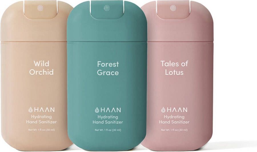 Haan Hydrating Hand Sanitizer- Handzeep Desinfecterend 30ml 3-Pack Mix Mystic Foliage: Wild Orchid Forest Grace Tales of Lotus Navulbaar