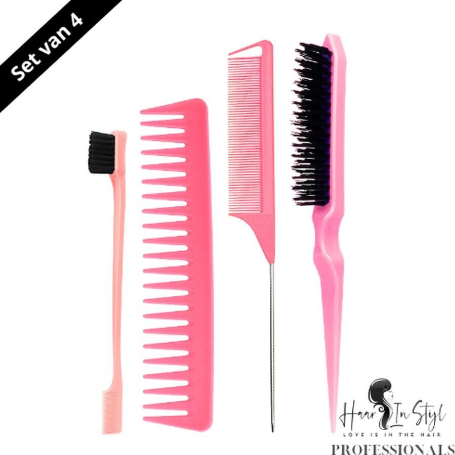 Haar in Stijl Professionals Roze Kammen Set van 4 Edge Brush Toupeerborstel Puntkam Wide Detangle Comb wijde kam kammenset kamset kappers essentials kapperskam haaraccessoires basic set wenkbrauw borstel side burn brush haarverzorgingsset