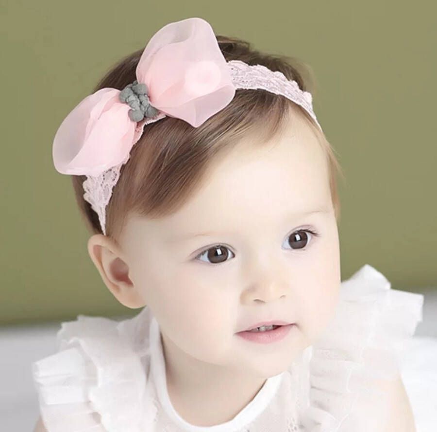 Haarband met strikje en kanten band grijs en roze haaraccessoire baby meisje 0 tot 4 jaar