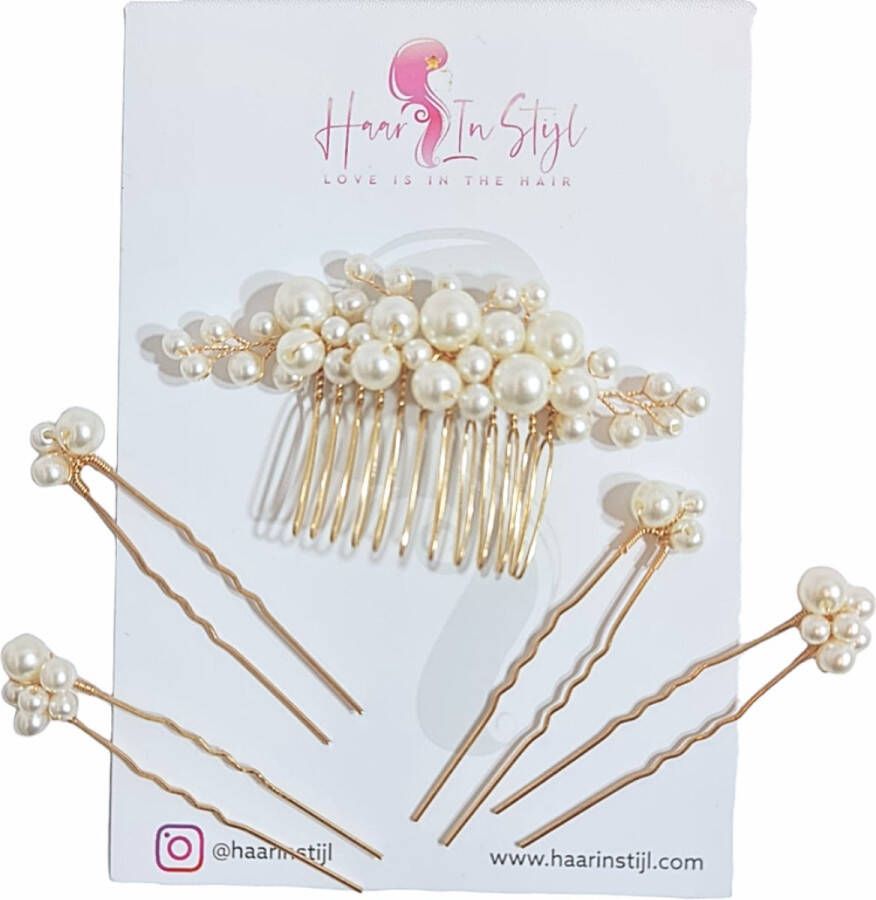 Haar in Stijl Lulu Serie Set van 4 gouden haarsteken en een grote haarkam met parels in verschillende formaten dames haaraccessoires voor feest bruiloft verloving goud haarsteek haarpin u pin haarversiering