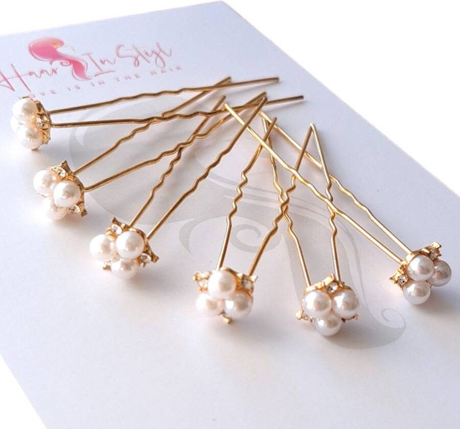 Haar in Stijl Lulu Serie set van 6 parel 3-bloem haarpinnen goud haaraccessoires voor feest bruiloft verloving bruidsmode