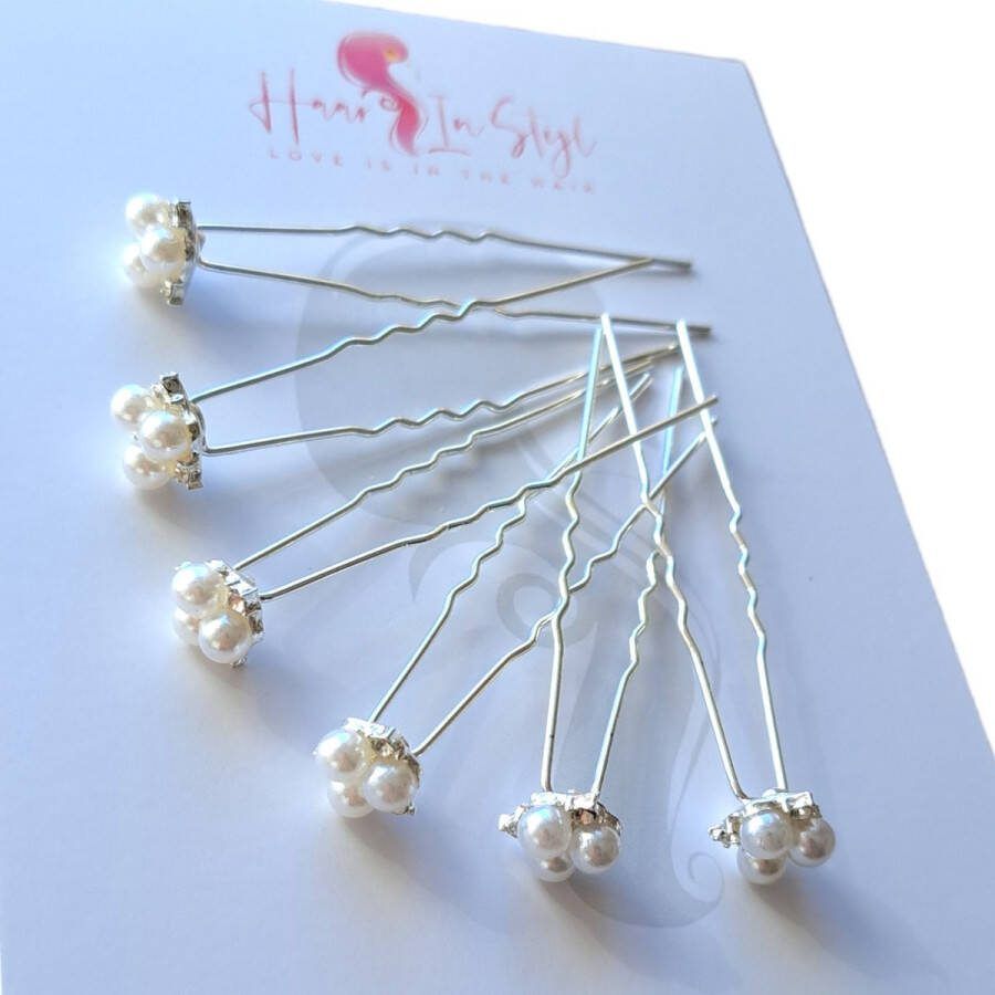 Haar in Stijl Lulu Serie set van 6 parel 3-bloem haarpinnen zilver haaraccessoires voor feest bruiloft verloving bruidsmode