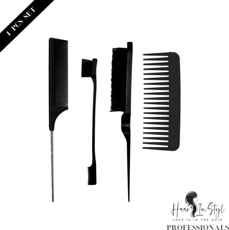 Haar in Stijl Professionals Zwarte Kammen Set van 4 Edge Brush Toupeerborstel Puntkam Wide Detangle Comb wijde kam kammenset kamset kappers essentials kapperskam haaraccessoires basic set wenkbrauw borstel side burn brush babyhaar zwart