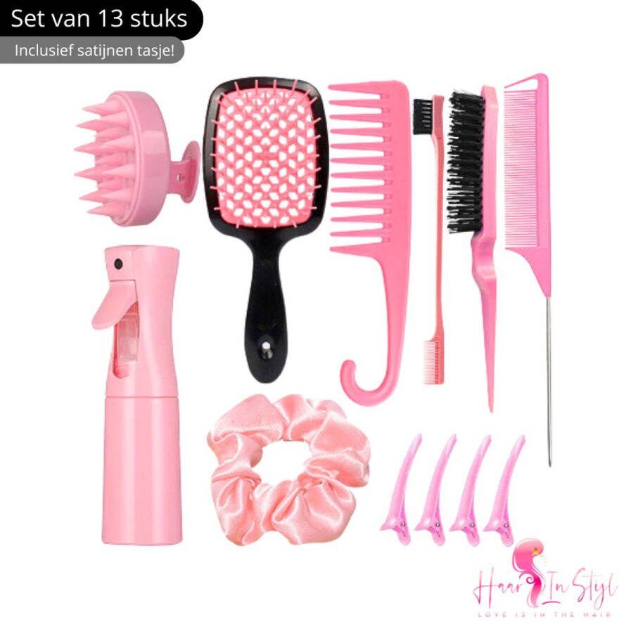 Haar in Stijl Roze 13 Delige Borstel- en Kammenset inclusief mist spray bottle en satijnen zakje Hoofdmassage borstel scrunchie haarborstel wijde detangling douche kam ontklitter edge brush toupeerborstel puntkam 4x haarklemmen