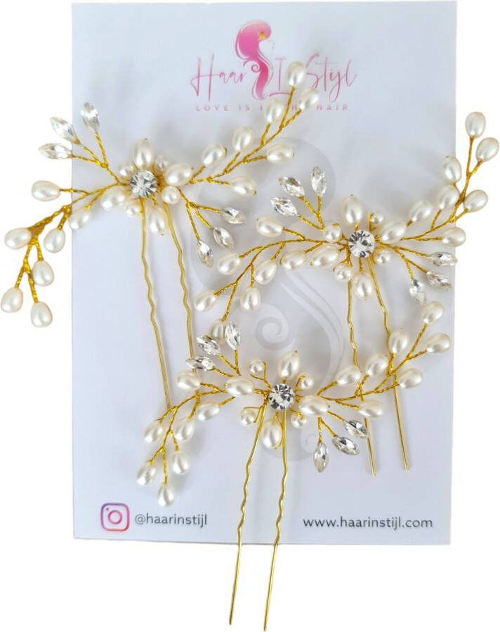 Haar in Stijl Safa Serie Set van 3 gouden haarsteken met kristallen en parel kraaltjes Haaraccessoires haarversiering voor dames bruid feest bruidsmode Haarpin haarschuifje haarsteek