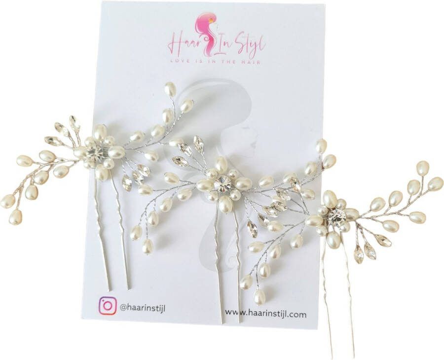 Haar in Stijl Safa Serie Set van 3 zilveren haarsteken met kristallen en parel kraaltjes Haaraccessoires haarversiering voor dames bruid feest bruidsmode Haarpin haarschuifje haarsteek