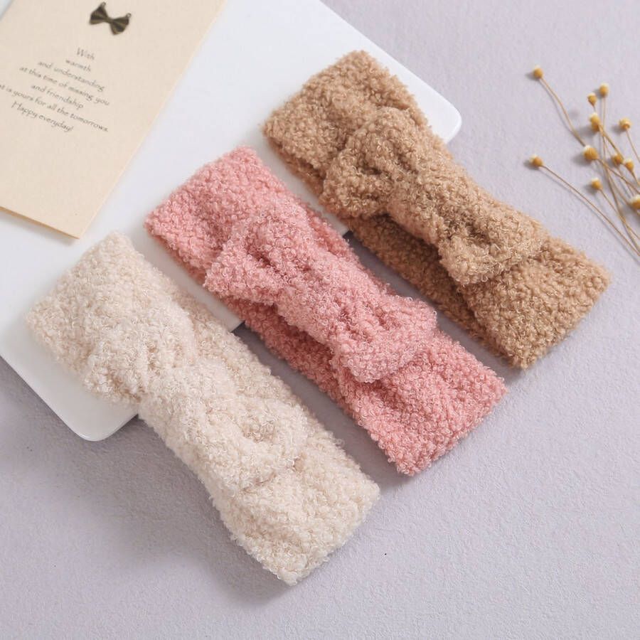 Haar in Stijl Teddy Haarband 3 pack Brede en zachte baby haarband met een strik ivoor roze en bruin