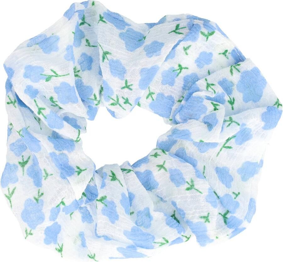 Haarsoires Scrunchie Bloemen Print Voile Stof Wit Groen Blauw Haar Elastiek